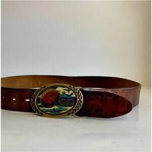 Vintage Handmade Embossed Genuine Leather Solid Brass Colorado Buckle Belt | L